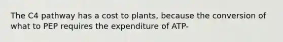 The C4 pathway has a cost to plants, because the conversion of what to PEP requires the expenditure of ATP-