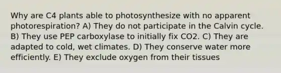 Why are C4 plants able to photosynthesize with no apparent photorespiration? A) They do not participate in the Calvin cycle. B) They use PEP carboxylase to initially fix CO2. C) They are adapted to cold, wet climates. D) They conserve water more efficiently. E) They exclude oxygen from their tissues