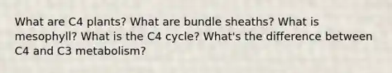 What are C4 plants? What are bundle sheaths? What is mesophyll? What is the C4 cycle? What's the difference between C4 and C3 metabolism?