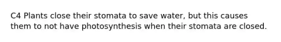 C4 Plants close their stomata to save water, but this causes them to not have photosynthesis when their stomata are closed.