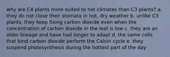 why are C4 plants more suited to hot climates than C3 plants? a. they do not close their stomata in hot, dry weather b. unlike C3 plants, they keep fixing carbon dioxide even when the concentration of carbon dioxide in the leaf is low c. they are an older lineage and have had longer to adapt d. the same cells that bind carbon dioxide perform the Calvin cycle e. they suspend photosynthesis during the hottest part of the day