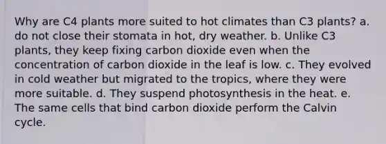 Why are C4 plants more suited to hot climates than C3 plants? a. do not close their stomata in hot, dry weather. b. Unlike C3 plants, they keep fixing carbon dioxide even when the concentration of carbon dioxide in the leaf is low. c. They evolved in cold weather but migrated to the tropics, where they were more suitable. d. They suspend photosynthesis in the heat. e. The same cells that bind carbon dioxide perform the Calvin cycle.