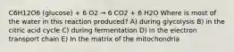 C6H12O6 (glucose) + 6 O2 → 6 CO2 + 6 H2O Where is most of the water in this reaction produced? A) during glycolysis B) in the citric acid cycle C) during fermentation D) in the electron transport chain E) In the matrix of the mitochondria