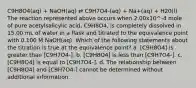 C9H8O4(aq) + NaOH(aq) ⇄ C9H7O4-(aq) + Na+(aq) + H20(l) The reaction represented above occurs when 2.00x10^-4 mole of pure acetylsalicylic acid, C9H8O4, is completely dissolved in 15.00 mL of water in a flask and titrated to the equivalence point with 0.100 M NaOH(aq). Which of the following statements about the titration is true at the equivalence point? a. [C9H8O4] is greater than [C9H7O4-]. b. [C9H8O4] is less than [C9H7O4-]. c. [C9H8O4] is equal to [C9H7O4-]. d. The relationship between [C9H8O4] and [C9H7O4-] cannot be determined without additional information.