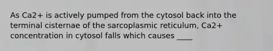 As Ca2+ is actively pumped from the cytosol back into the terminal cisternae of the sarcoplasmic reticulum, Ca2+ concentration in cytosol falls which causes ____