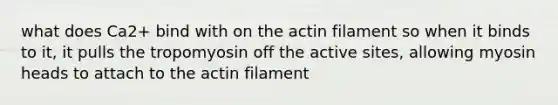 what does Ca2+ bind with on the actin filament so when it binds to it, it pulls the tropomyosin off the active sites, allowing myosin heads to attach to the actin filament