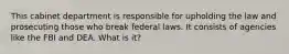 This cabinet department is responsible for upholding the law and prosecuting those who break federal laws. It consists of agencies like the FBI and DEA. What is it?