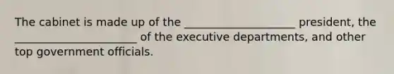 The cabinet is made up of the ____________________ president, the ______________________ of the executive departments, and other top government officials.