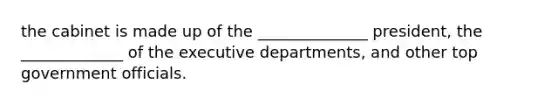 the cabinet is made up of the ______________ president, the _____________ of the executive departments, and other top government officials.