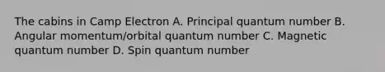 The cabins in Camp Electron A. Principal quantum number B. Angular momentum/orbital quantum number C. Magnetic quantum number D. Spin quantum number