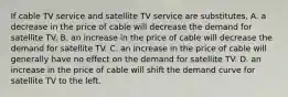 If cable TV service and satellite TV service are substitutes, A. a decrease in the price of cable will decrease the demand for satellite TV. B. an increase in the price of cable will decrease the demand for satellite TV. C. an increase in the price of cable will generally have no effect on the demand for satellite TV. D. an increase in the price of cable will shift the demand curve for satellite TV to the left.