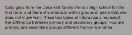 Cady goes from her close-knit family life to a high school for the first time, and there she interacts within groups of peers that she does not know well. These two types of interactions represent the difference between primary and secondary groups. How are primary and secondary groups different from one another