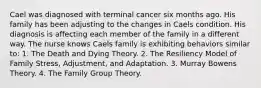 Cael was diagnosed with terminal cancer six months ago. His family has been adjusting to the changes in Caels condition. His diagnosis is affecting each member of the family in a different way. The nurse knows Caels family is exhibiting behaviors similar to: 1. The Death and Dying Theory. 2. The Resiliency Model of Family Stress, Adjustment, and Adaptation. 3. Murray Bowens Theory. 4. The Family Group Theory.