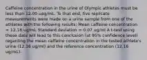 Caffeine concentration in the urine of Olympic athletes must be less than 12.00 uag/mL. To that end, five replicate measurements were made on a urine sample from one of the athletes with the following results: Mean caffeine concentration = 12.16 ug/mL Standard deviation = 0.07 ug/ml A t-test using these data will lead to this conclusion (at 95% confidence level) regarding the mean caffeine concentration in the tested athlete's urine (12.16 ug/ml) and the reference concentration (12.16 ug/mL).