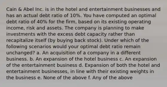 Cain & Abel Inc. is in the hotel and entertainment businesses and has an actual debt ratio of 10%. You have computed an optimal debt ratio of 40% for the firm, based on its existing operating income, risk and assets. The company is planning to make investments with the excess debt capacity rather than recapitalize itself (by buying back stock). Under which of the following scenarios would your optimal debt ratio remain unchanged? a. An acquisition of a company in a different business. b. An expansion of the hotel business c. An expansion of the entertainment business d. Expansion of both the hotel and entertainment businesses, in line with their existing weights in the business e. None of the above f. Any of the above