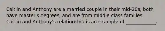 Caitlin and Anthony are a married couple in their mid-20s, both have master's degrees, and are from middle-class families. Caitlin and Anthony's relationship is an example of _____________.