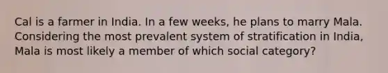 Cal is a farmer in India. In a few weeks, he plans to marry Mala. Considering the most prevalent system of stratification in India, Mala is most likely a member of which social category?