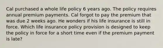 Cal purchased a whole life policy 6 years ago. The policy requires annual premium payments. Cal forgot to pay the premium that was due 2 weeks ago. He wonders if his life insurance is still in force. Which life insurance policy provision is designed to keep the policy in force for a short time even if the premium payment is late?