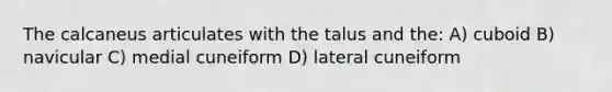 The calcaneus articulates with the talus and the: A) cuboid B) navicular C) medial cuneiform D) lateral cuneiform