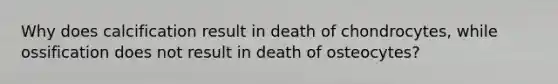 Why does calcification result in death of chondrocytes, while ossification does not result in death of osteocytes?