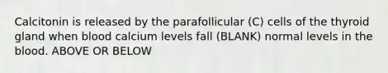 Calcitonin is released by the parafollicular (C) cells of the thyroid gland when blood calcium levels fall (BLANK) normal levels in the blood. ABOVE OR BELOW