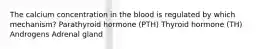 The calcium concentration in the blood is regulated by which mechanism? Parathyroid hormone (PTH) Thyroid hormone (TH) Androgens Adrenal gland