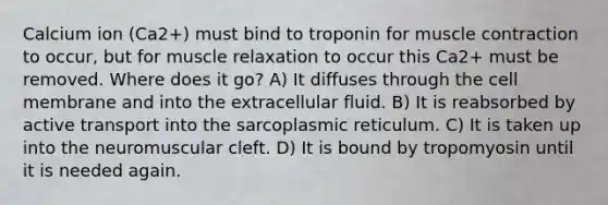 Calcium ion (Ca2+) must bind to troponin for muscle contraction to occur, but for muscle relaxation to occur this Ca2+ must be removed. Where does it go? A) It diffuses through the cell membrane and into the extracellular fluid. B) It is reabsorbed by active transport into the sarcoplasmic reticulum. C) It is taken up into the neuromuscular cleft. D) It is bound by tropomyosin until it is needed again.