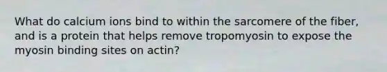 What do calcium ions bind to within the sarcomere of the fiber, and is a protein that helps remove tropomyosin to expose the myosin binding sites on actin?