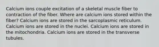 Calcium ions couple excitation of a skeletal muscle fiber to contraction of the fiber. Where are calcium ions stored within the fiber? Calcium ions are stored in the sarcoplasmic reticulum. Calcium ions are stored in the nuclei. Calcium ions are stored in the mitochondria. Calcium ions are stored in the transverse tubules.