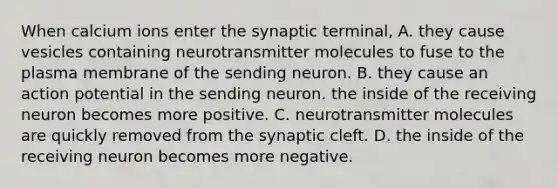 When calcium ions enter the synaptic terminal, A. they cause vesicles containing neurotransmitter molecules to fuse to the plasma membrane of the sending neuron. B. they cause an action potential in the sending neuron. the inside of the receiving neuron becomes more positive. C. neurotransmitter molecules are quickly removed from the synaptic cleft. D. the inside of the receiving neuron becomes more negative.