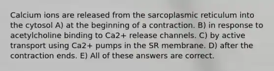 Calcium ions are released from the sarcoplasmic reticulum into the cytosol A) at the beginning of a contraction. B) in response to acetylcholine binding to Ca2+ release channels. C) by active transport using Ca2+ pumps in the SR membrane. D) after the contraction ends. E) All of these answers are correct.