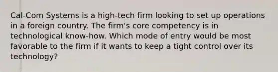 Cal-Com Systems is a high-tech firm looking to set up operations in a foreign country. The firm's core competency is in technological know-how. Which mode of entry would be most favorable to the firm if it wants to keep a tight control over its technology?