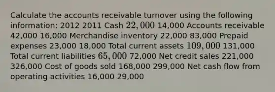 Calculate the accounts receivable turnover using the following information: 2012 2011 Cash 22,000 14,000 Accounts receivable 42,000 16,000 Merchandise inventory 22,000 83,000 Prepaid expenses 23,000 18,000 Total current assets 109,000 131,000 Total current liabilities 65,000 72,000 Net credit sales 221,000 326,000 Cost of goods sold 168,000 299,000 Net cash flow from operating activities 16,000 29,000