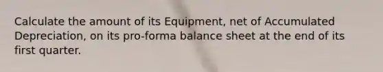 Calculate the amount of its Equipment, net of Accumulated Depreciation, on its pro-forma balance sheet at the end of its first quarter.