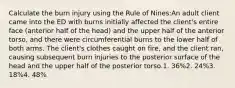 Calculate the burn injury using the Rule of Nines:An adult client came into the ED with burns initially affected the client's entire face (anterior half of the head) and the upper half of the anterior torso, and there were circumferential burns to the lower half of both arms. The client's clothes caught on fire, and the client ran, causing subsequent burn injuries to the posterior surface of the head and the upper half of the posterior torso.1. 36%2. 24%3. 18%4. 48%