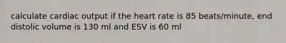 calculate cardiac output if the heart rate is 85 beats/minute, end distolic volume is 130 ml and ESV is 60 ml