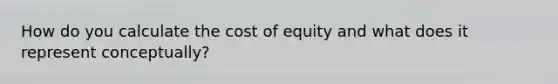 How do you calculate the cost of equity and what does it represent conceptually?