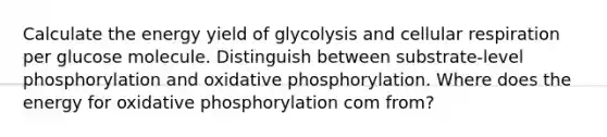 Calculate the energy yield of glycolysis and cellular respiration per glucose molecule. Distinguish between substrate-level phosphorylation and <a href='https://www.questionai.com/knowledge/kFazUb9IwO-oxidative-phosphorylation' class='anchor-knowledge'>oxidative phosphorylation</a>. Where does the energy for oxidative phosphorylation com from?