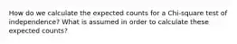 How do we calculate the expected counts for a Chi-square test of independence? What is assumed in order to calculate these expected counts?