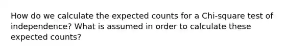 How do we calculate the expected counts for a Chi-square test of independence? What is assumed in order to calculate these expected counts?