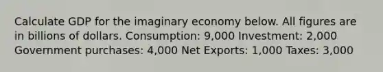 Calculate GDP for the imaginary economy below. All figures are in billions of dollars. Consumption: 9,000 Investment: 2,000 Government purchases: 4,000 Net Exports: 1,000 Taxes: 3,000