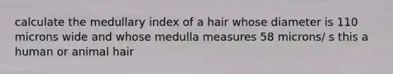 calculate the medullary index of a hair whose diameter is 110 microns wide and whose medulla measures 58 microns/ s this a human or animal hair