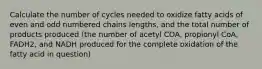 Calculate the number of cycles needed to oxidize fatty acids of even and odd numbered chains lengths, and the total number of products produced (the number of acetyl COA, propionyl CoA, FADH2, and NADH produced for the complete oxidation of the fatty acid in question)