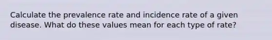 Calculate the prevalence rate and incidence rate of a given disease. What do these values mean for each type of rate?