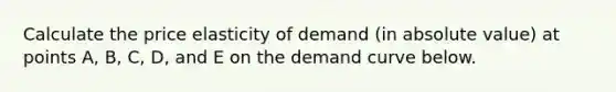 Calculate the price elasticity of demand (in absolute value) at points A, B, C, D, and E on the demand curve below.