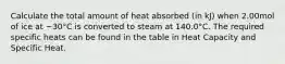 Calculate the total amount of heat absorbed (in kJ) when 2.00mol of ice at −30°C is converted to steam at 140.0°C. The required specific heats can be found in the table in Heat Capacity and Specific Heat.