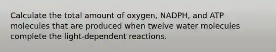 Calculate the total amount of oxygen, NADPH, and ATP molecules that are produced when twelve water molecules complete the light-dependent reactions.