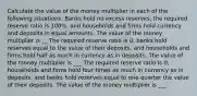 Calculate the value of the money multiplier in each of the following situations: Banks hold no excess reserves, the required reserve ratio is 100%, and households and firms hold currency and deposits in equal amounts. The value of the money multiplier is __ The required reserve ratio is 0, banks hold reserves equal to the value of their deposits, and households and firms hold half as much in currency as in deposits. The value of the money multiplier is ___ The required reserve ratio is 0, households and firms hold four times as much in currency as in deposits, and banks hold reserves equal to one-quarter the value of their deposits. The value of the money multiplier is ___