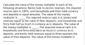 Calculate the value of the money multiplier in each of the following​ situations: Banks hold no excess​ reserves, the required reserve ratio is​ 100%, and households and firms hold currency and deposits in equal amounts. The value of the money multiplier is ______ The required reserve ratio is​ 0, banks hold reserves equal to the value of their​ deposits, and households and firms hold half as much in currency as in deposits. The value of the money multiplier is ______ The required reserve ratio is​ 0, households and firms hold twice as much in currency as in​ deposits, and banks hold reserves equal to three-quarters the value of their deposits. The value of the money multiplier is _________