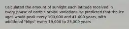 Calculated the amount of sunlight each latitude received in every phase of earth's orbital variations He predicted that the ice ages would peak every 100,000 and 41,000 years, with additional "blips" every 19,000 to 23,000 years